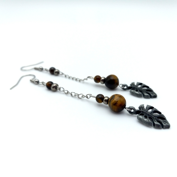 Handmade Jewelry - Tigereye Chakra Healing Gemstone Leaf Dangle Drop Earrings Handmade Jewelry